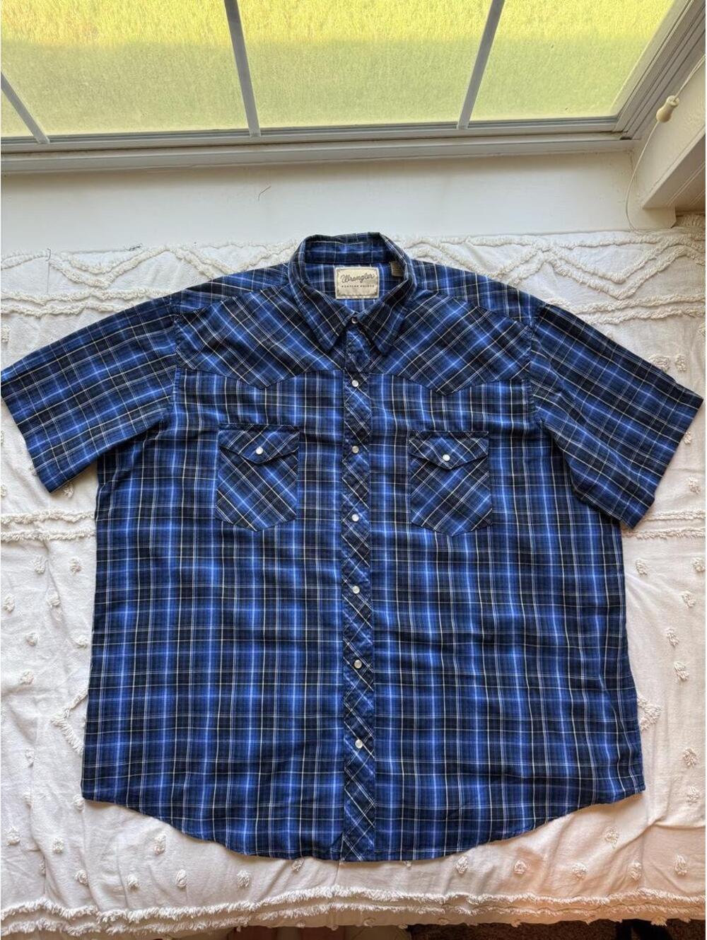 Wrangler Western Shirts Blue Plaid Pearl Snap Shirt